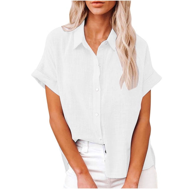 Penkiiy Womens Linen Shirts Summer V Neck Button Down Blouses Casual Short Sleeve Roll up Tops Basic Collared Work Shirts S White