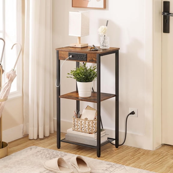 HOOBRO 3-Tier End Table with Charging Station and USB Ports Living Room Rustic Brown BF09UDH01