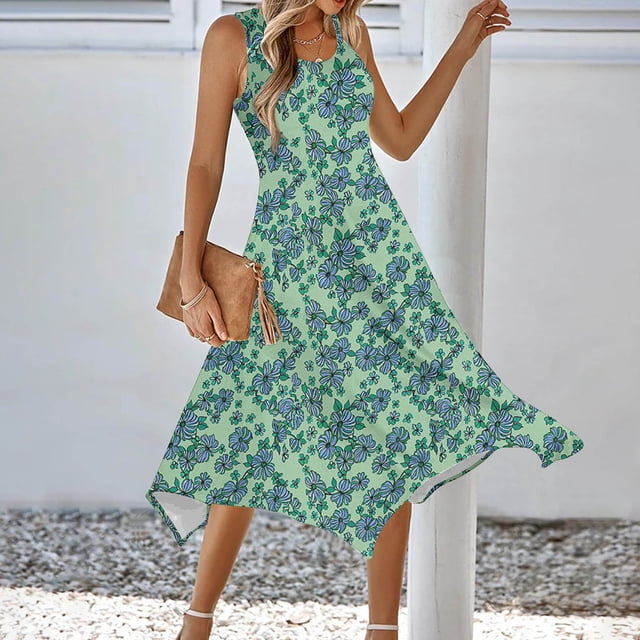 Ovzne Robes d'Été pour Femmes Robe Imprimée Sans Manches avec Poches Ourlet Irrégulier Col Rond Robe de Printemps Imprimée Liquidation