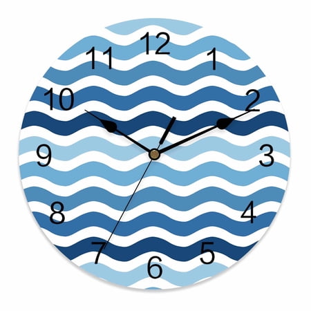 Wall Clock 14 Inch Geometric Nautical Striped Pattern Round Silent Decorative Wall Clocks Battery Operated for Living Room Bedroom Kitchen Classroom Decor, Blue White Wave Pattern,Large