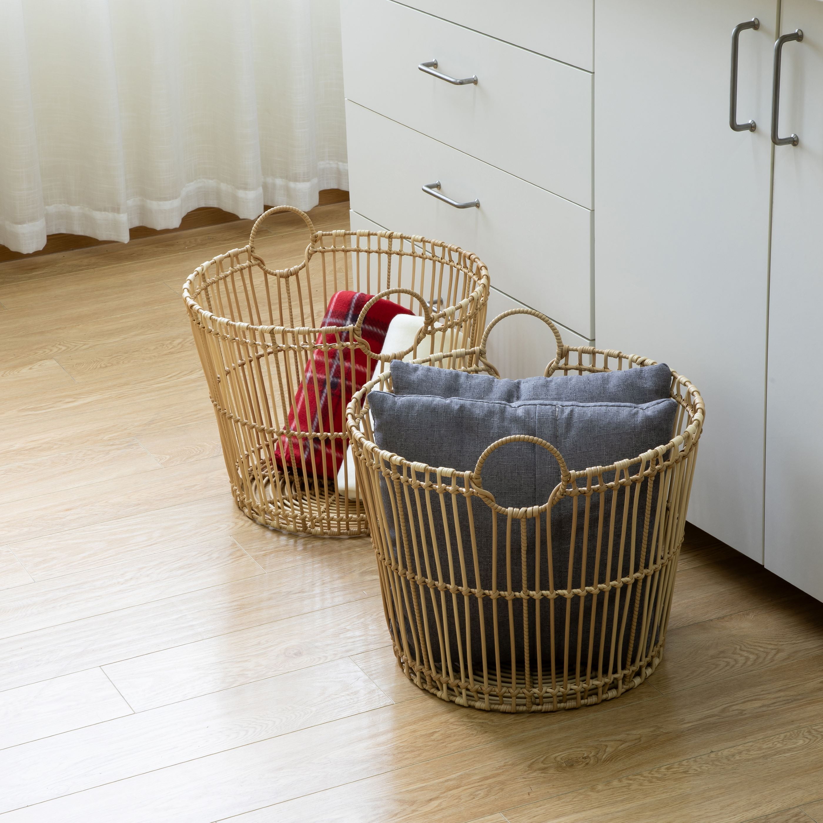 Better Homes & Gardens Large Light Natural Open Poly Rattan Storage Basket with Handles, 2 Pack