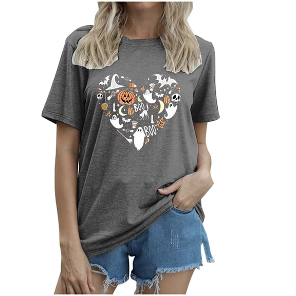LIIPEE Fall Short Sleeve T Shirts For Women Halloween Graphic Tees Ladies Crew Neck Tshirt