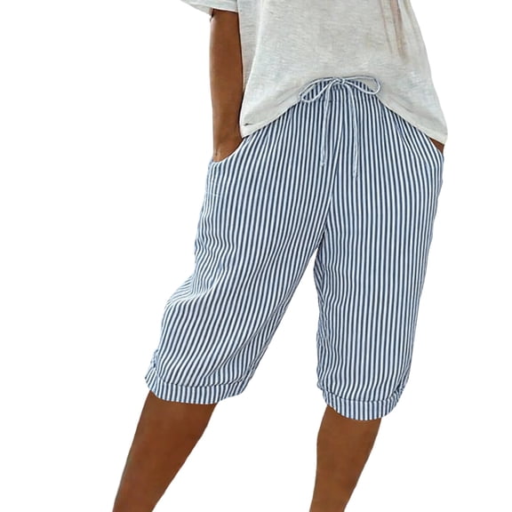 Jamicy Womens Half Shorts Pants Casual Stripe Elastic Loose Shorts Bermuda Long Pajama Shorts Seersucker Pj Sleep Shorts