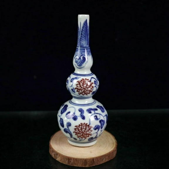 Chinese Blue White Porcelain Red Glaze Twine Lotus Flower Branch Gourd Vase 5.3"