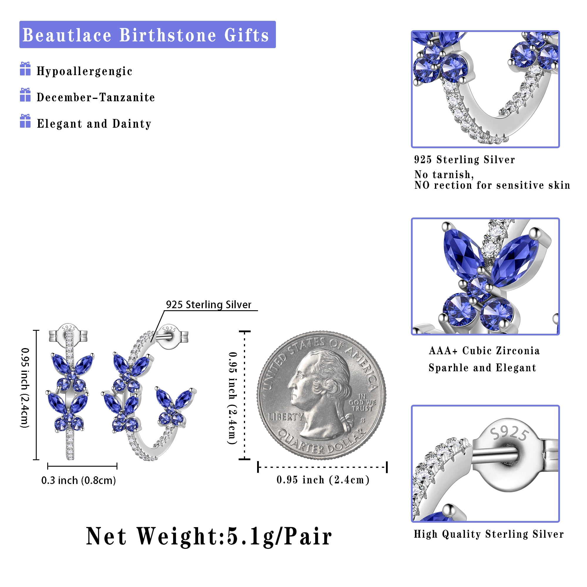 Beautlace 18K White Gold over Stering Silver Butterfly Hoop Earrings,December Tanzanite Birthstone Studs Earrings Jewelry Birthday Christmas Valentines Gifts for Women