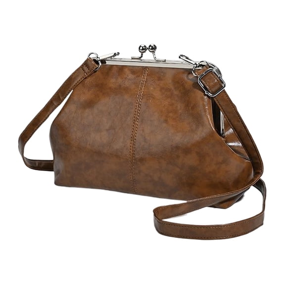 HUISZJ Kiss Lock Clutch, Large Capacity Crossbody Bag with Adjustable Strap, PU Leather Shoulder Bag for Travel Shopping (Brown)