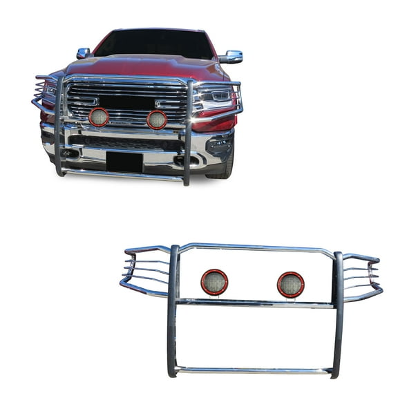 Black Horse Grille brush Bumper Guard Modular Stainless Steel Come With Pair of 5.3" Dia.LED Lights with Red Trim Rings Compatible with 2019-2024 Ram 1500-17DG111MSS-PLFR