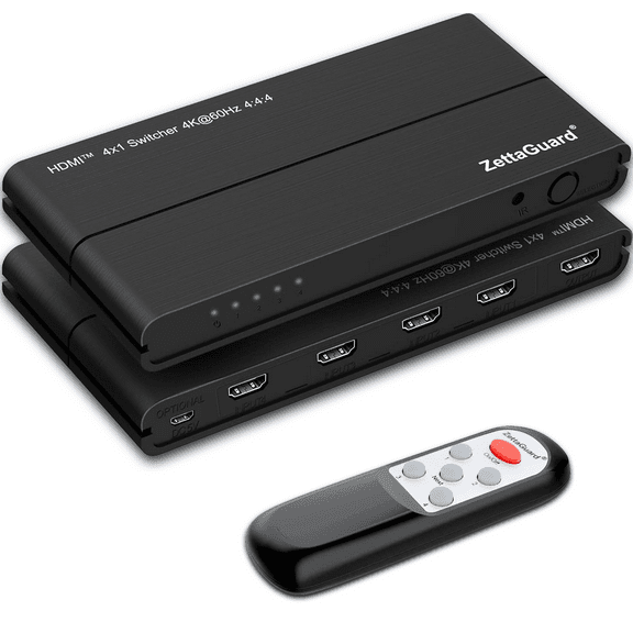 Zettaguard HDMI 2.0 Switcher Supports 4K HDR 4 Ports Hi-Speed 18Gbps HDCP 2.2, Auto-switching, IR Remote - Compatible with Apple Tv, Roku, Xbox/PS4, Blu-Ray, Macbook, Laptop, PC, TV for Home or Office