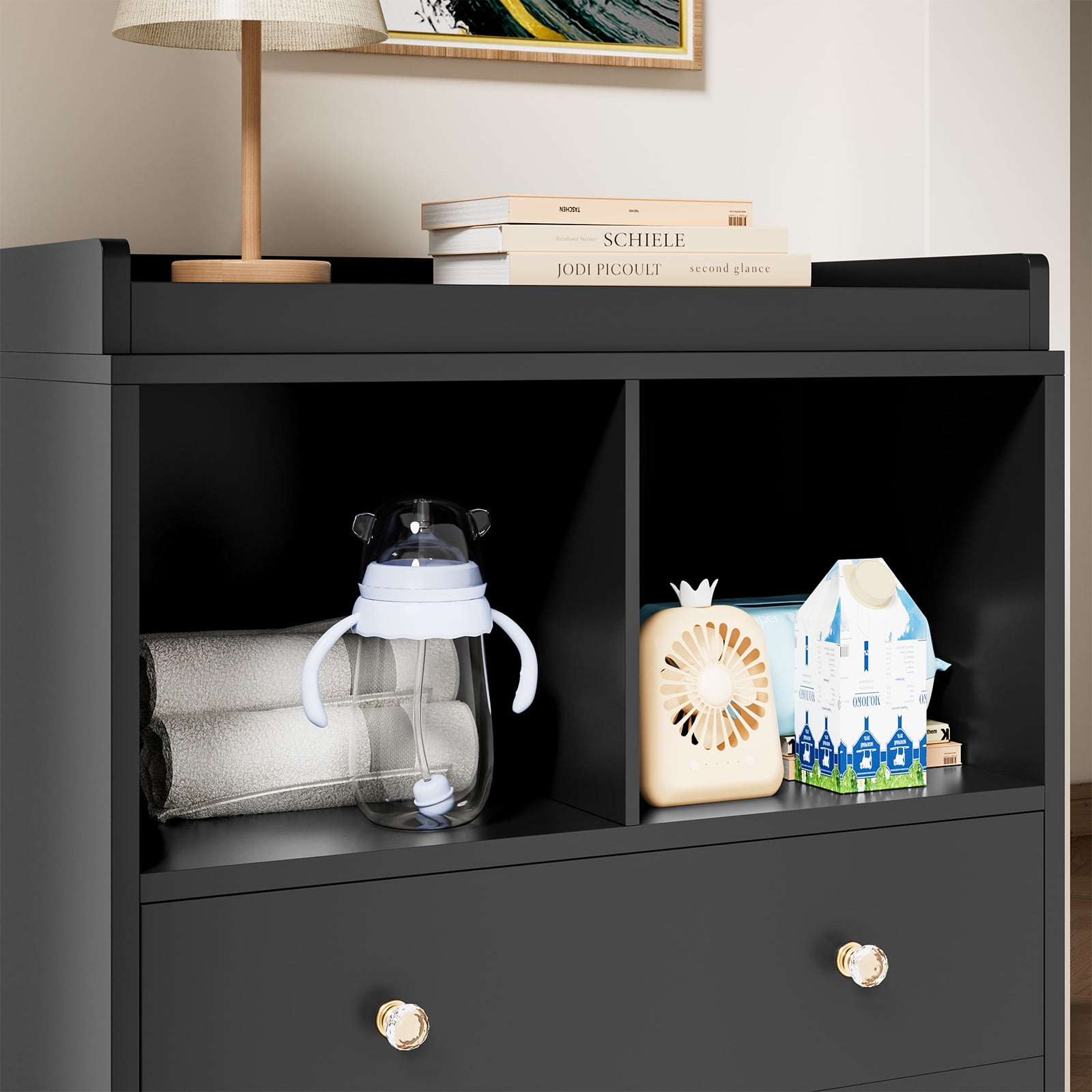 Roromall Changing Table with Pad, 2 Drawers and 2 Open Compartments for Nursery Room with Modern Diaper Changing Station, Bedroom