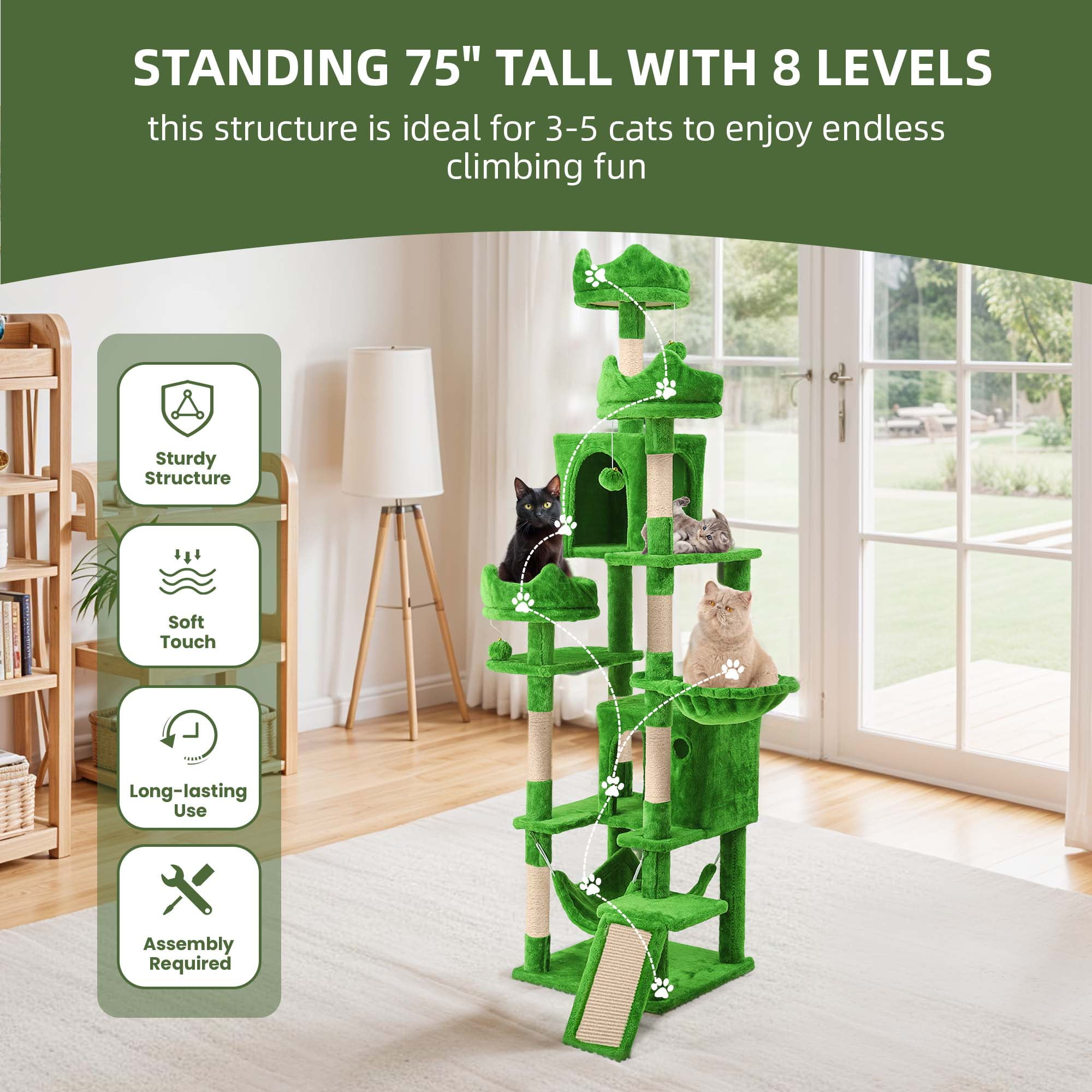 Uforic 75" Multi-Level Green Cat Tree Tower with Hammocks and Scratching Posts