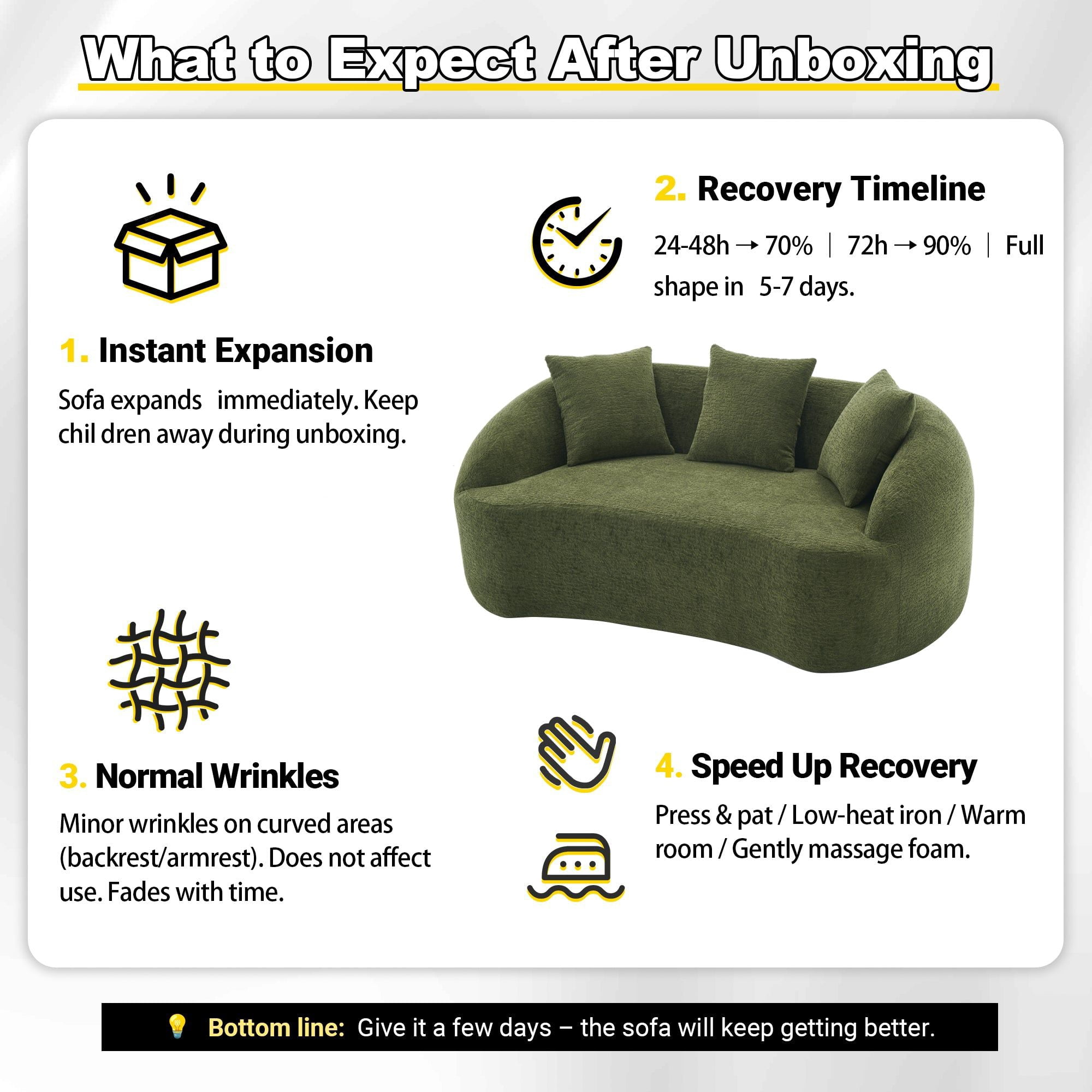 Sailvan Curved Modern Boneless 2-Seater Chenille Sofa Loveseat with 3 Pillows
