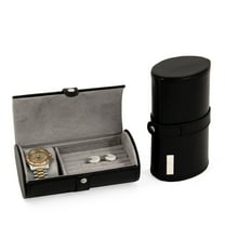 Black Leather Watch & Cufflink Travel Case with Snap Closure.