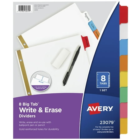 UPC: 0072782230791 | Avery Big Tab Write and Erase Dividers  Paper  Gold Reinforced  8 Multi-Color Tabs (23079)