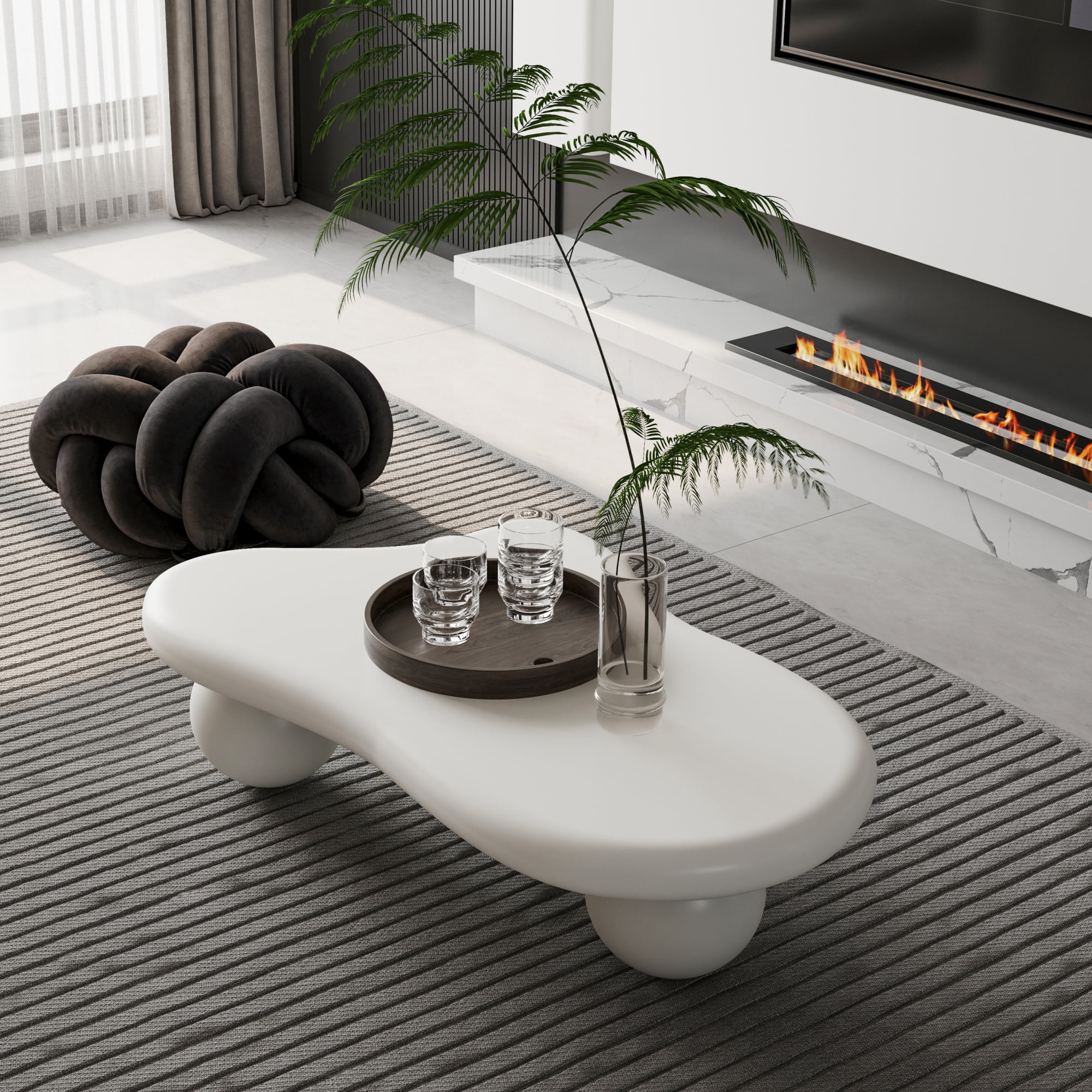 47.2" Cloud Coffee Table for Living Room, Irregular Coffee Table Modern Low Coffee Tables Abstract Faux Stone Cute Center Table with 3 Ball Legs for Small Space Apartment