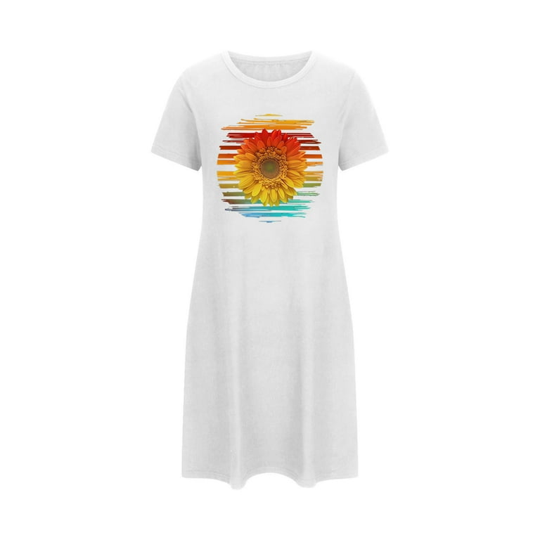 Womens Sunflower Printed Nightgown Short Sleeve Tunic Sleepshirt