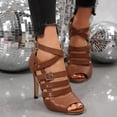 thumbnail image 2 of Rokment Stiletto High Heels Dressy Sandals for Women Ladies Roman Vintage Casual Leather Buckles Peep Toe Strappy Dress Pumps Heeled Gladiator Summer Shoes Brown Size 8, 2 of 6