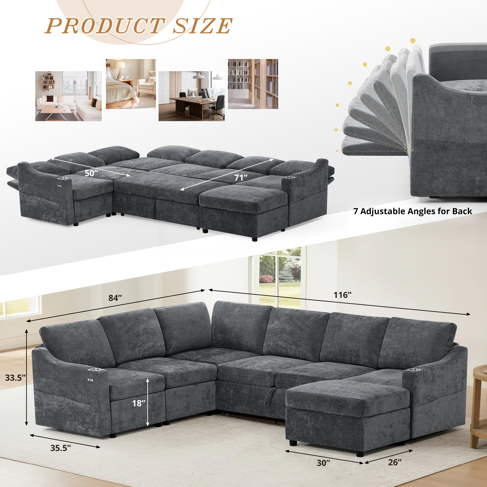 ACMEASE 116 Inches Chenille Sectional Couch w/Adjustable Backrests & Ottoman, Convertible U Shape Sleeper Sofa w/USB Ports, Modular Corner Sofa w/Pull-Out Bed & Storage Space for Living Room, Grey