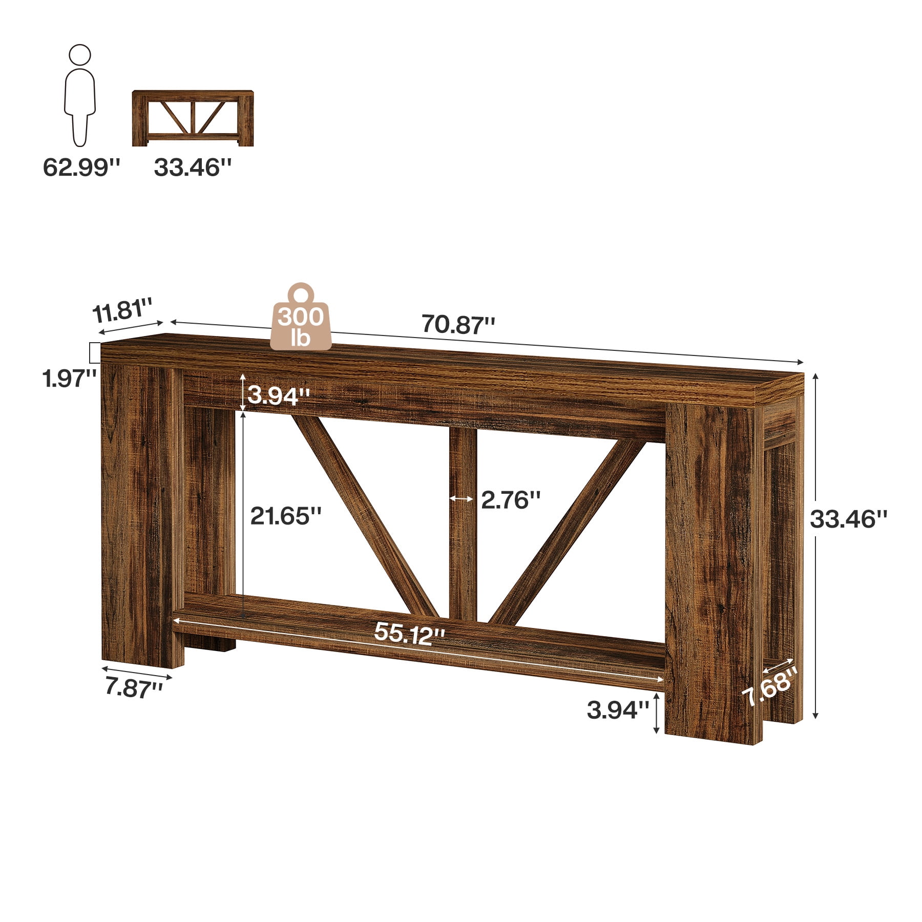 Fnova 70.9" Console Table, 2-Tier Farmhouse Entryway Table, Narrow Long Wood Sofa Table Behind Couch with V-Shaped Support for Living Room, Hallway, Foyer