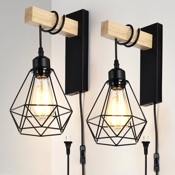 Plug in Wall Sconces Set of 2 with 6 FT On/Off Switch Cord, Wall Light Fixtures Black Industrial Farmhouse Indoor Wall Latern For Bedroom Living Room