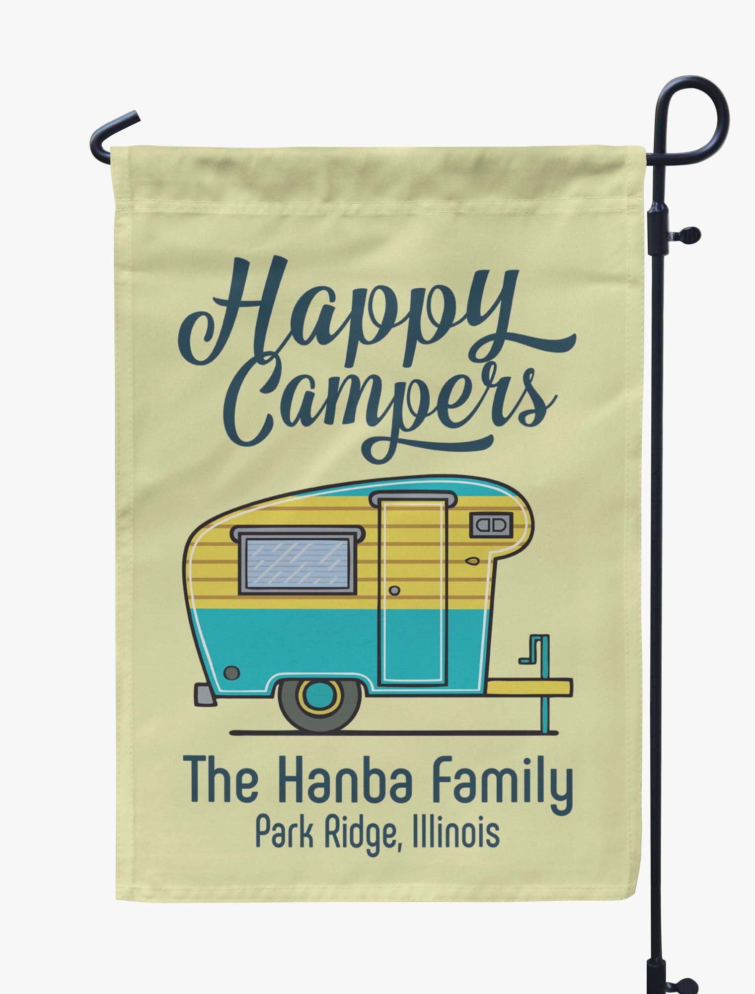 Happy Campers and Vintage Travel Trailer Graphic Black and Gray Camper Happy Camper World Personalized Camping Garden Sized Flag with 3 Additional Lines of Custom Text Printed on Tan Fabric 