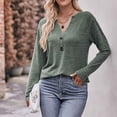 thumbnail image 4 of Black and Friday Deals 2023 Cotonie Women's V-Neck Solid Color Long Sleeve Tops Button T-shirt Casual Summer Autumn Blouse Basic Tops,Army Green,L, 4 of 6