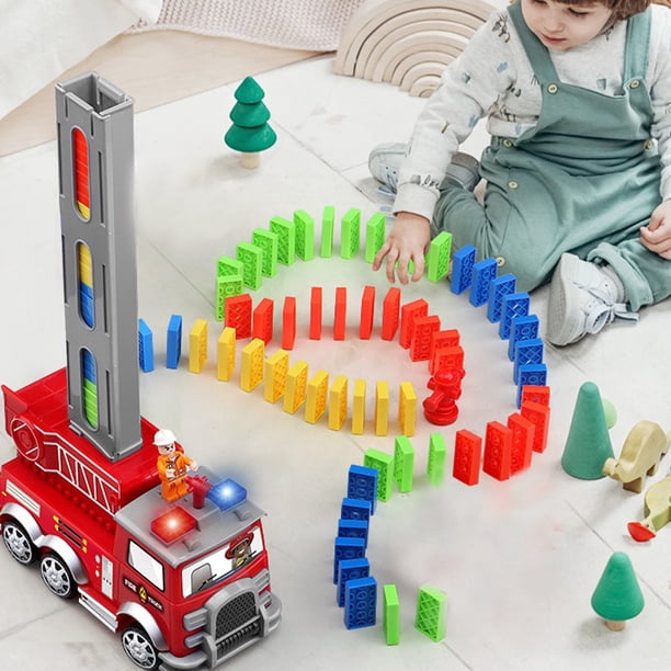 80 Pcs Domino Train Jouet Ensemble Dominos Camion de Pompiers Jouet Ensemble Automatique Domino Brique Pose Jouet avec la Construction des Enfants de Lumière et de Son et Empiler des Jouets pour