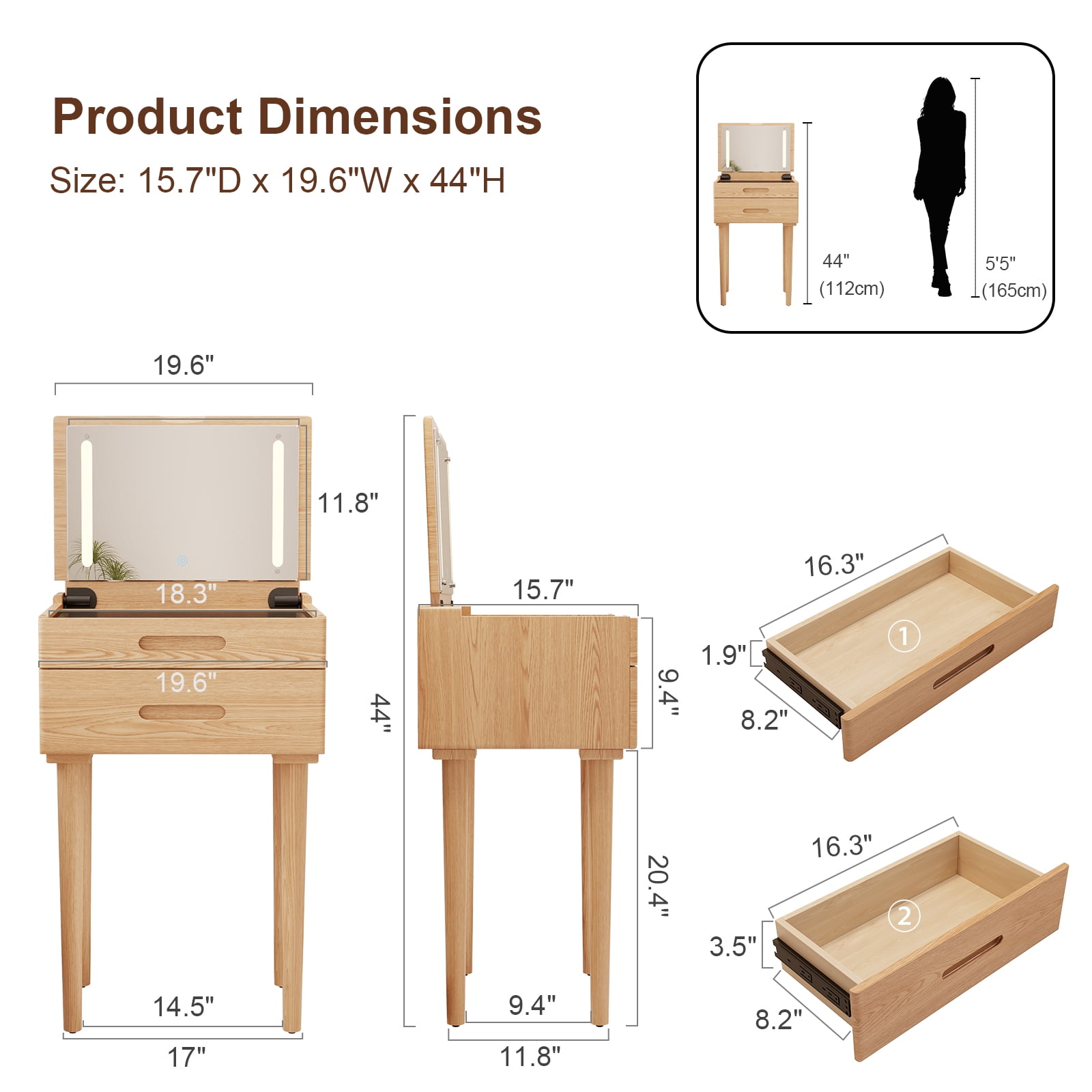 Muwuele Vanity Desk, Natural Wood Makeup Table with Flip Top Mirror, Adjustable Lights, Jewelry Organizer and Drawers