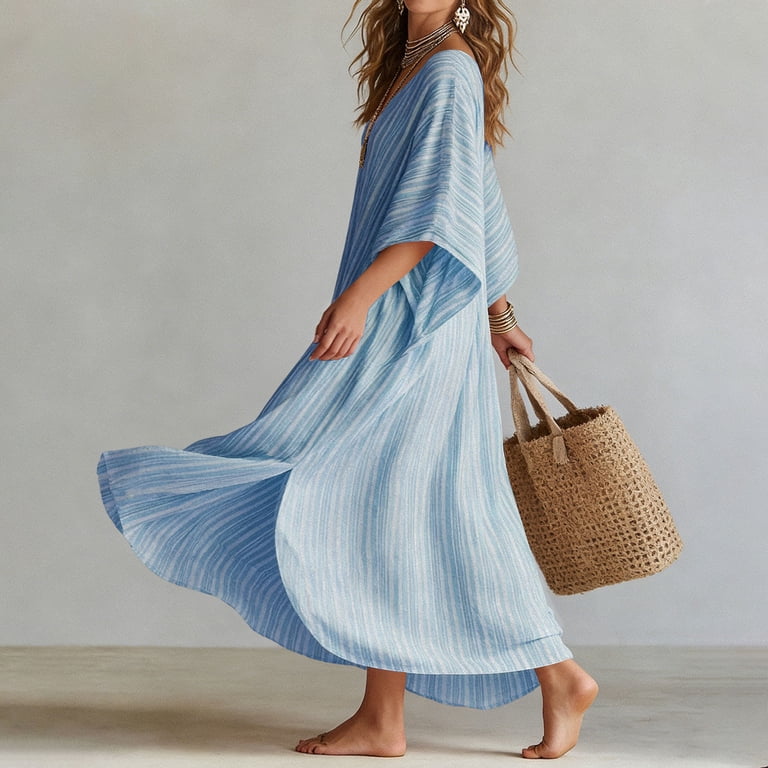 ClodeEU Women's V-Neck 3/4 Sleeve Linen Blend Maxi Dress, Casual Loose Swing Sundress Sky Blue,Women's Plus S - Walmart.com ClodeEU Women's V-Neck 3/4 Sleeve Linen Blend Maxi Dress, Casual Loose Swing Sundress Sky Blue,Women's Plus S - Walmart.com