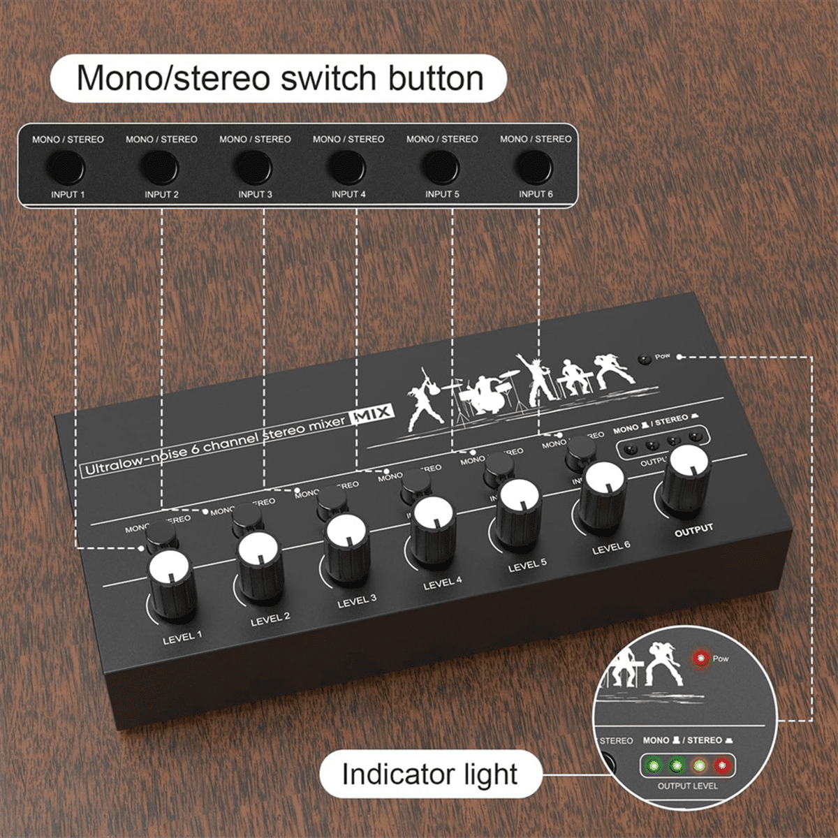 Mini Stereo Audio Mixer 6 Channel Microphone Mixer Instrument Expander for Guitar/Electric Keyboard/Amplifier/Speaker,Black