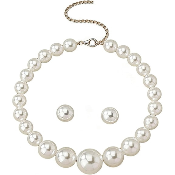Chunky Pearl Necklace Earrings Set,Vintage Large Imitation Pearl Statement Choker Earring,Charming Big Bead Jewelry Set for Bridal Wedding