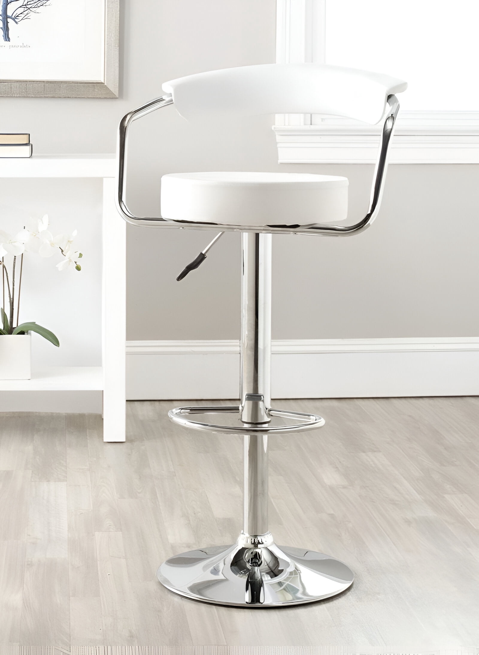 Heavenly Collections Modern White Faux Leather Adjustable Swivel Bar Stool, Chrome Pedestal Base, Set of 1