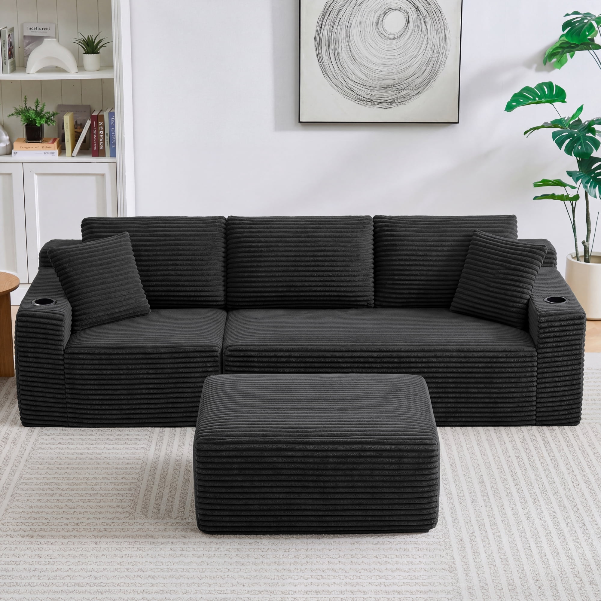 HOQBN L-Shaped Sectional Sofa with Ottoman, Corduroy 3-Seat Couch, Modern Modular Sofa for Living Room Dark Gray