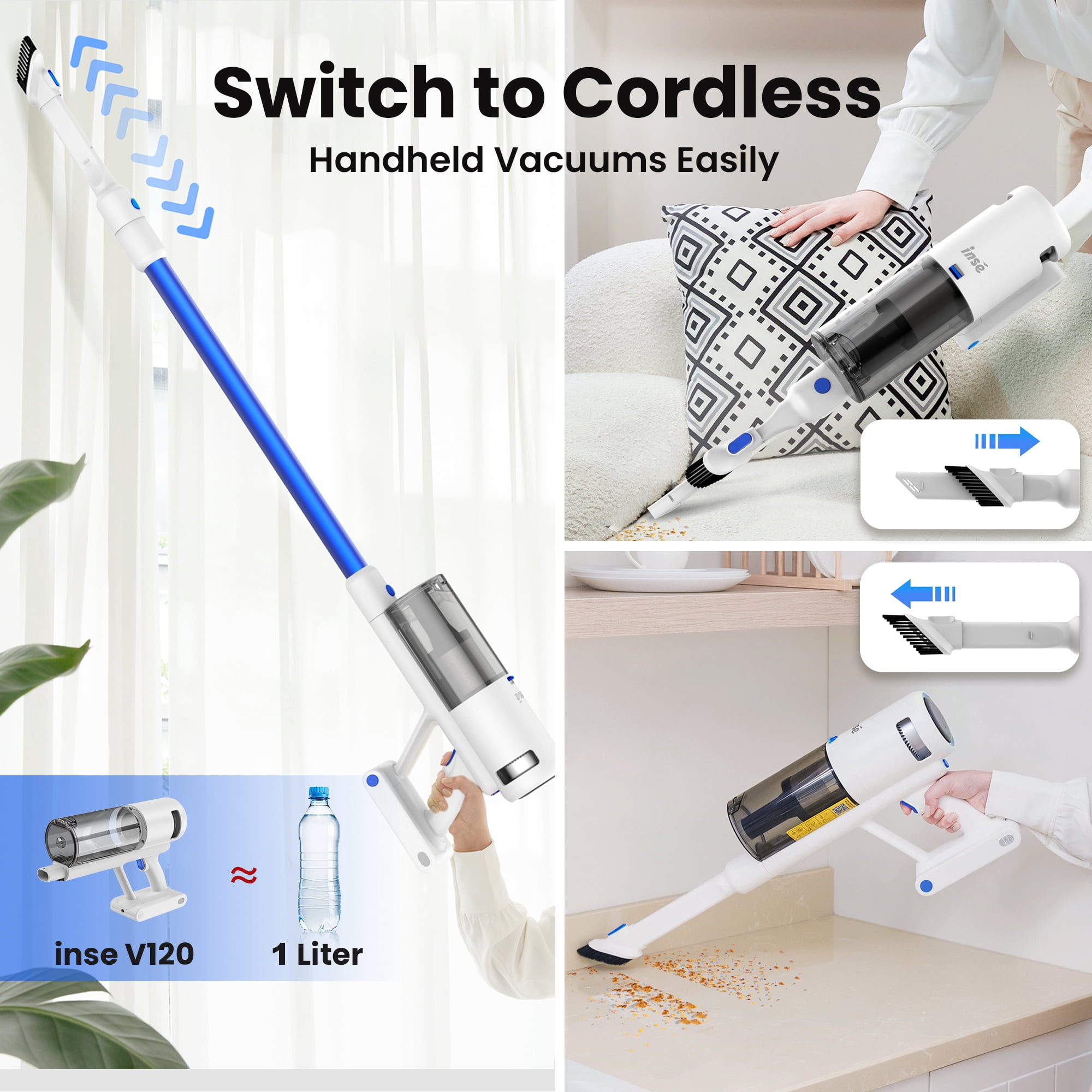 INSE Lightweight Cordless Vacuum with 30Kpa Powerful Suction & 60 Mins Runtime, Stick Vacuum for Carpet, Tile, Pet Hair, Hardwood Floors