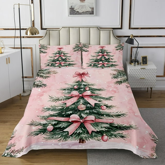 Ensemble de Courtepointe Sapin de Noël Vert Ensemble de Couvre-Lit Nœud Rose, Ensemble de Couvre-Lit Ornements de Sapin de Noël Très Grand, Décorations de Noël Matelassées de Noël Roses pour l'Intérieur