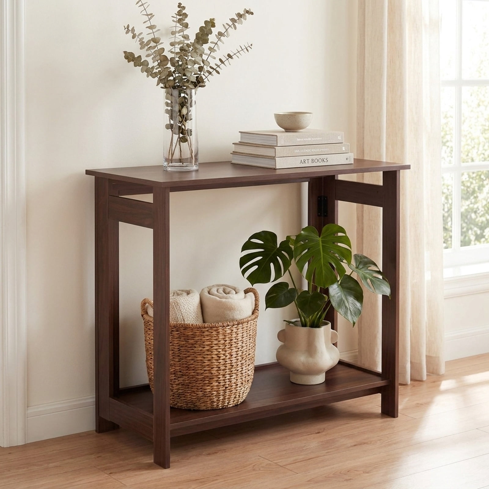 Furnibear Folding Console Table with Foldable Legs Narrow Sofa Entryway Table for Hallway Entrance and Behind Couch Space Saving, Brown