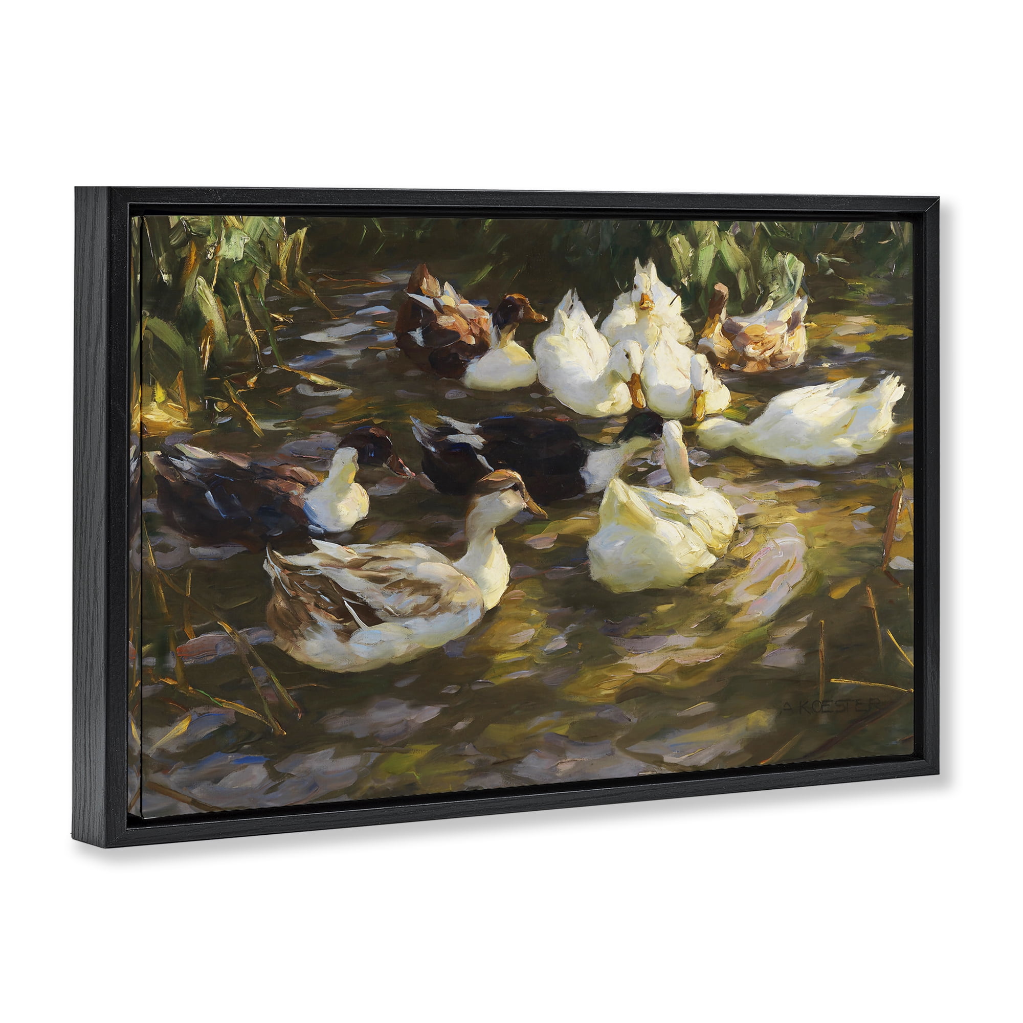 Stupell Industries Ducks in Flowing River Landscape Painting Black Floater Framed Canvas Art Print Wall Art, 31 x 21