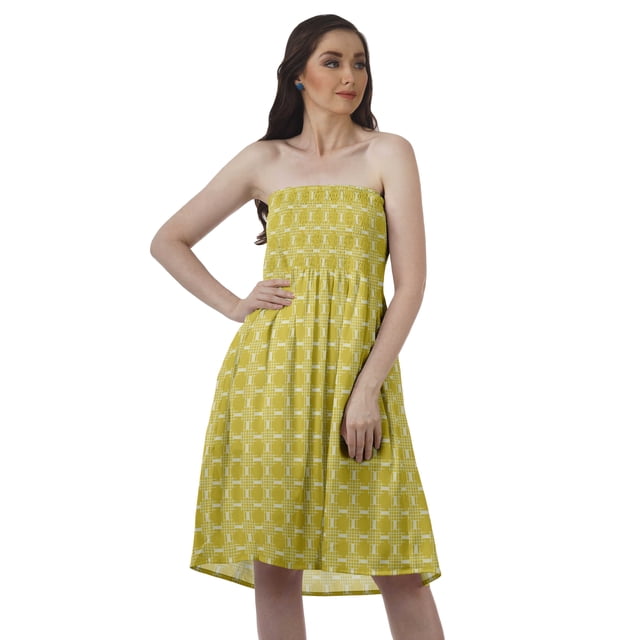 Moomaya Robes d'Été Sans Bretelles pour Femmes en Crêpe Imprimé, Robe Tube Smockée pour Femmes
