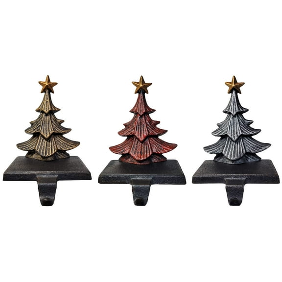 LuLu Decor, Cast Iron Christmas Tree Stocking Holders, Sold in Set of 3 Trees in Metallic Red, Gold and Silver Finish, Beautiful, Heavy, Sturdy Stocking Hooks (Color Trees)