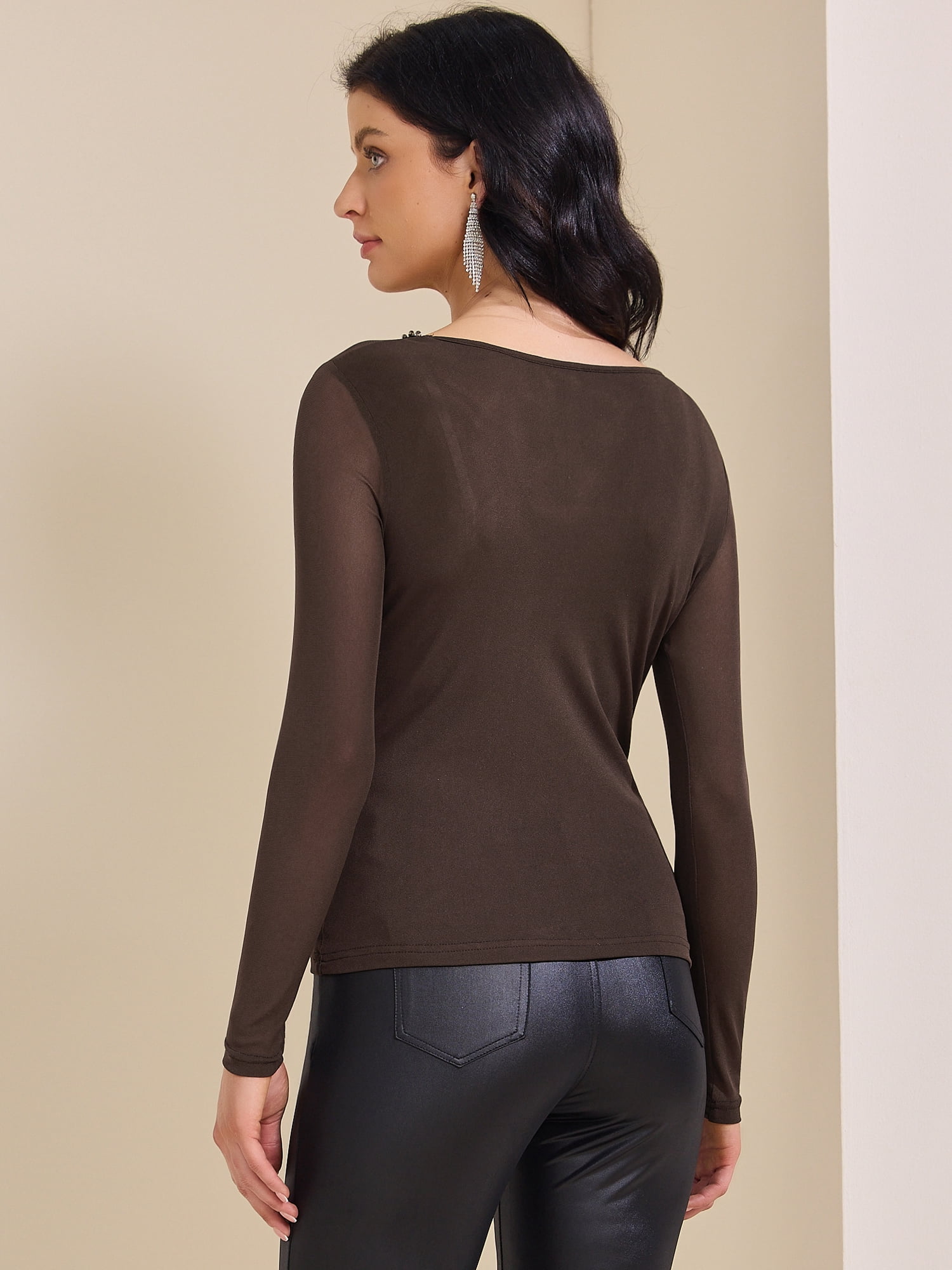 DARING DIVA Women's Semi Sheer Long Sleeve Ruched V Neck Sequin Panel Top XS Dark Brown