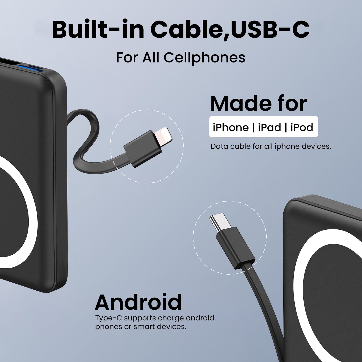 GASYESOY Portable Charger,10000mAh 20W Power Bank,Built-in Cables Fast Charging,with LED Display for iPhone 16/15/14/13/12 and Android,Black