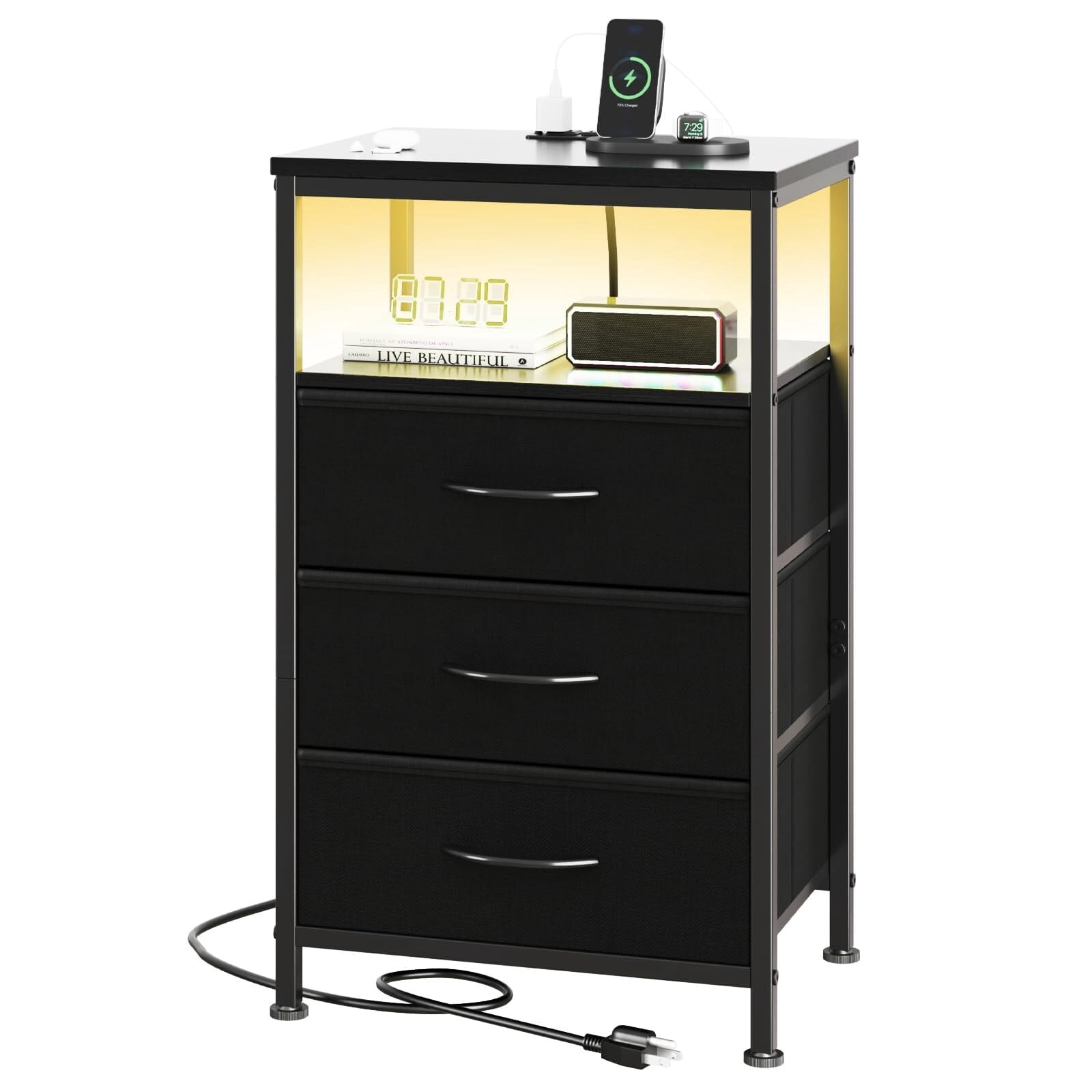 Kelno 3-Drawer Nightstand with Charging Station AC Outlets LED Light Dresser Bedside Table, Black