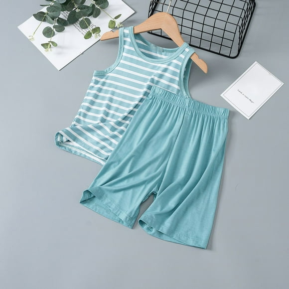 PMVFHDE Boys Outfits&Set Children's Striped Tank Shorts Two Piece Summer Boys Loose Sleeveless Pajamas Thin Girls Air Conditioned Loungewear Boy Clothes Sky Blue,160