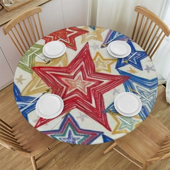 HAOXIT American Patriotic Red Blue Star Round Tablecloth Art Print Decorative Table Cloth with Dust-Proof Wrinkle Resistant Decor for Home Kitchen Dining Room Outdoor Patio 31-35