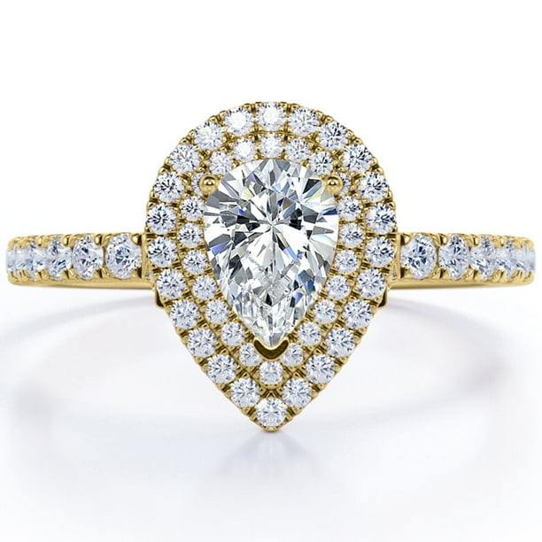 JeenMata Anillo de Compromiso con Doble Halo de Moissanita en Forma de Pera de 1,75 Quilates con Estilo Pavé Certificado en Baño de Oro Amarillo de 18 K sobre Plata
