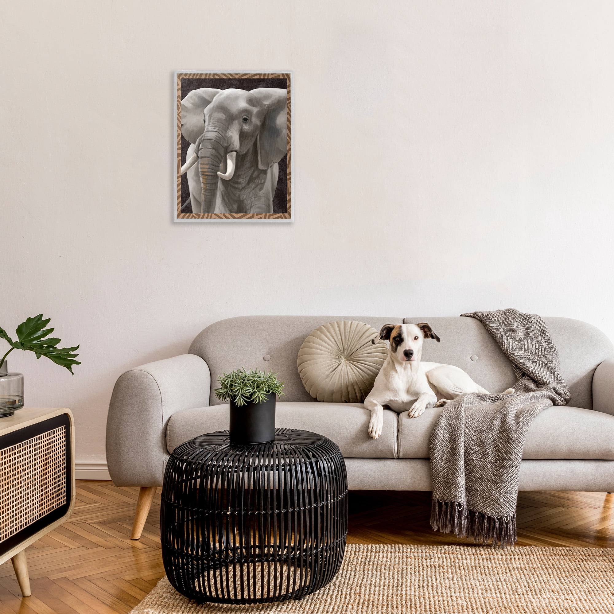 Stupell Industries Elephant with Geometric Border Animals & Insects Painting Gray Framed Art Print Wall Art, 24 x 30