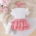 thumbnail image 4 of Kaprioy Baby Girl Outfit Girls Clothes Short Sleeved Fruit Printed Ruffle Sleeve Knitted Romper Bodysuit Short Solid Skirt Pants Suit Bow Headband Stockings Set, 4 of 7