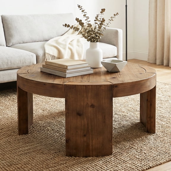 Finmind Solid Wood Round Coffee Table, 31.5-inch Farmhouse Circle Center Cocktail Tea Table for Living Room, Rustic Brown (Easy Assembly)