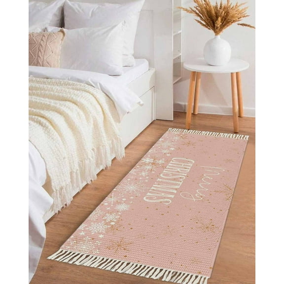 Merry Christmas,Hallway Runner Rug 2x6ft,Blush Pink Gold Winter Snowflake Washable Woven Living Room Bedroom Kitchen Bathrom Carpet with Tassels,Indoor Outdoor Throw Door Mat for Entryway