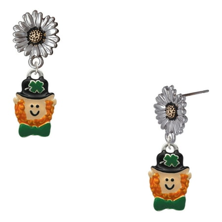 Delight Jewelry Silver-tone Small Leprechaun with Bow Tie – Two-tone Daisy Flower Post Earrings