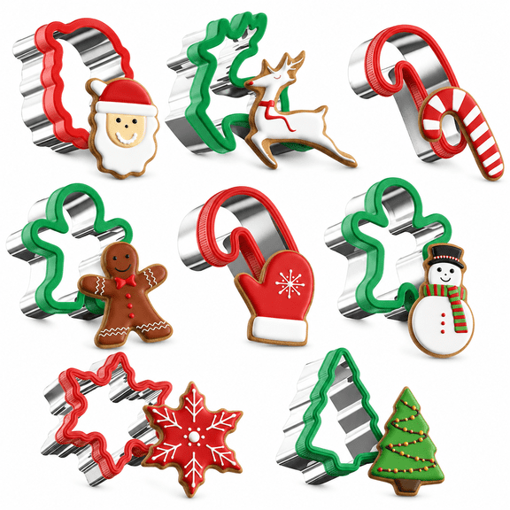 COOKEY 8PCS Christmas Cookie Cutters Sets, Food Grade Stainless Steel Christmas Cookie Cutter Tools with Protective Red Top PVC,Holiday Cookie Cutters Shape Moulds Set for Baking